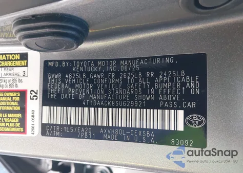 2025 Toyota Camry Se from USA, damaged, VIN 4T1DAACK8SU629921